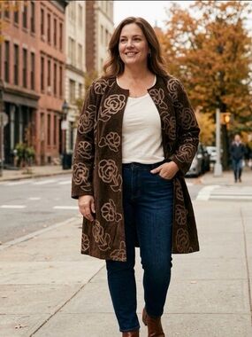 Bradley Bayou 2X  Genuine Suede Leather Mid Length Duster Coat  Appliqué NWT